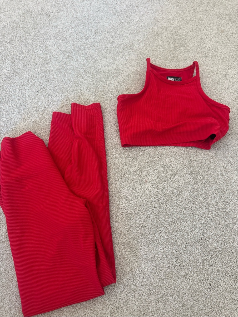 Beach Riot Ribbed Workout Set Red Leggings + Crop Top XS